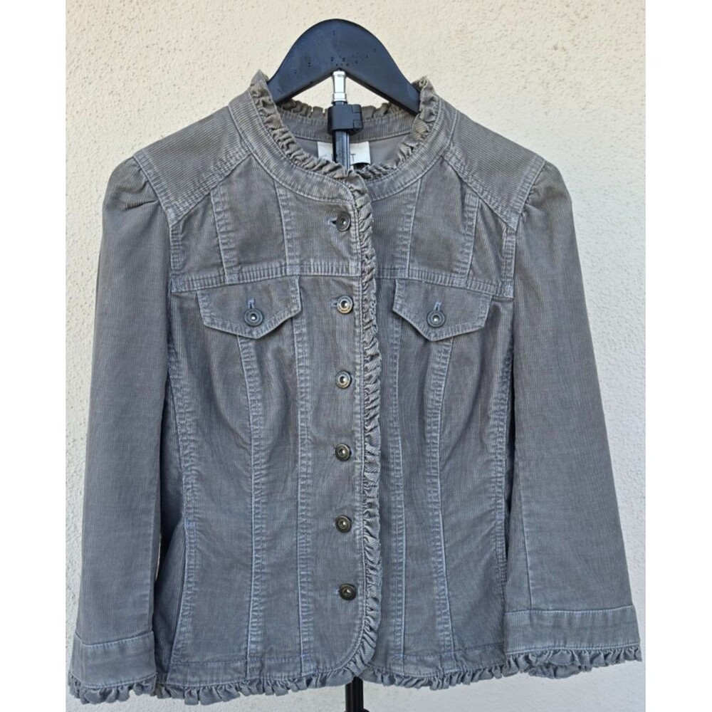 Ann Taylor LOFT Corduroy Jacket 10 Olive Green Ruffle Trim Cotton Cottagecore